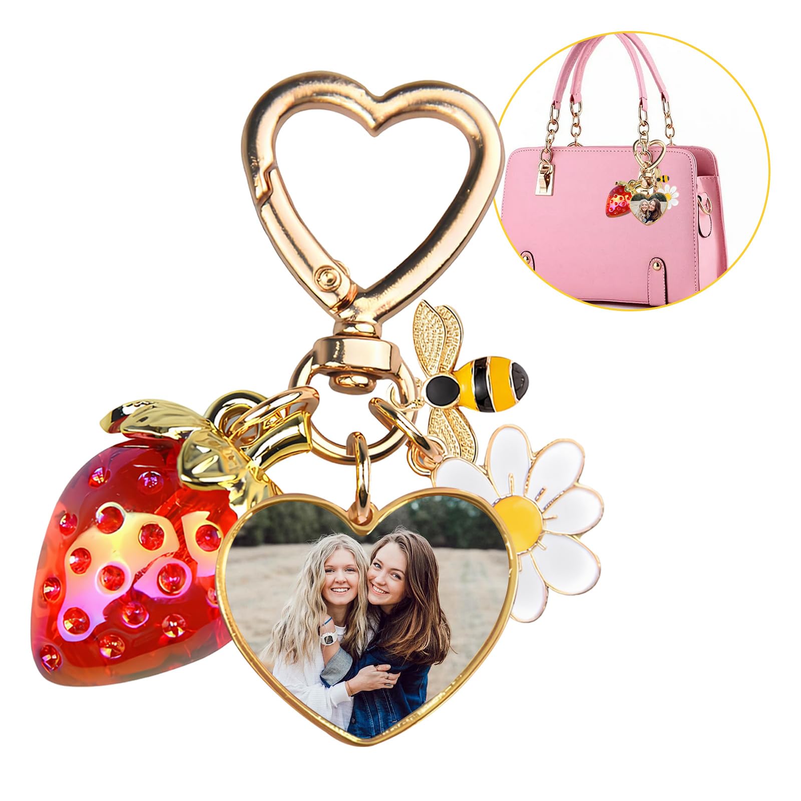 Qsz Women's Heart Custom Strawberry Bag Charm Personalized Purse Charms With Photo Cute Bee Flower Daisy Keychain Gift For Girls (Heart)