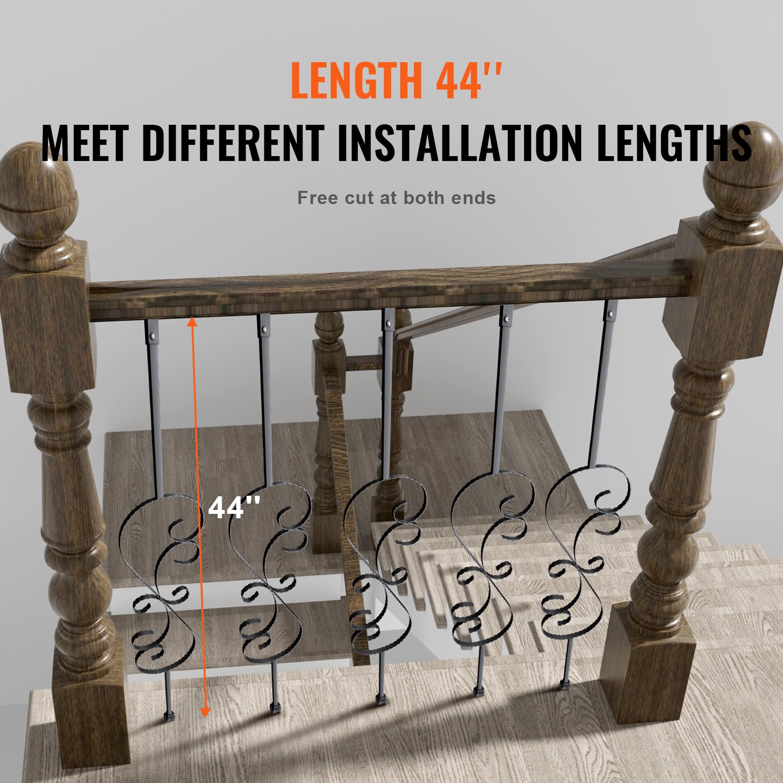 VEVOR Metalowe balustrady schodowe 1122 mm balustrady dekoracyjne pręty ze stali ocynkowanej 5 S tralki z butami i śrubami do drążonych ślimaków schodowych balustrady, czarny