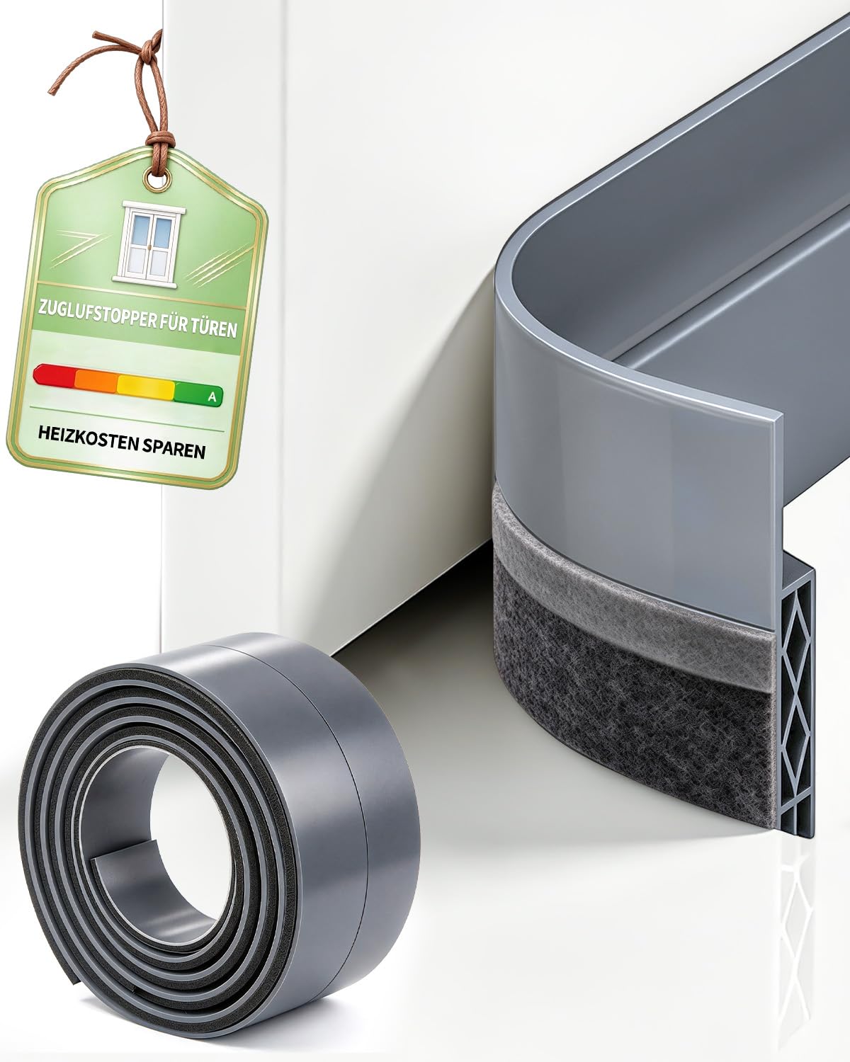 Türdichtung Unten Zugluftstopper für Türen Dichtung Haustür | Selbstklebend Türbodendichtung 100cm Door Seal Tür Kälteschutz Abdichtung, Minimalistisches Grau