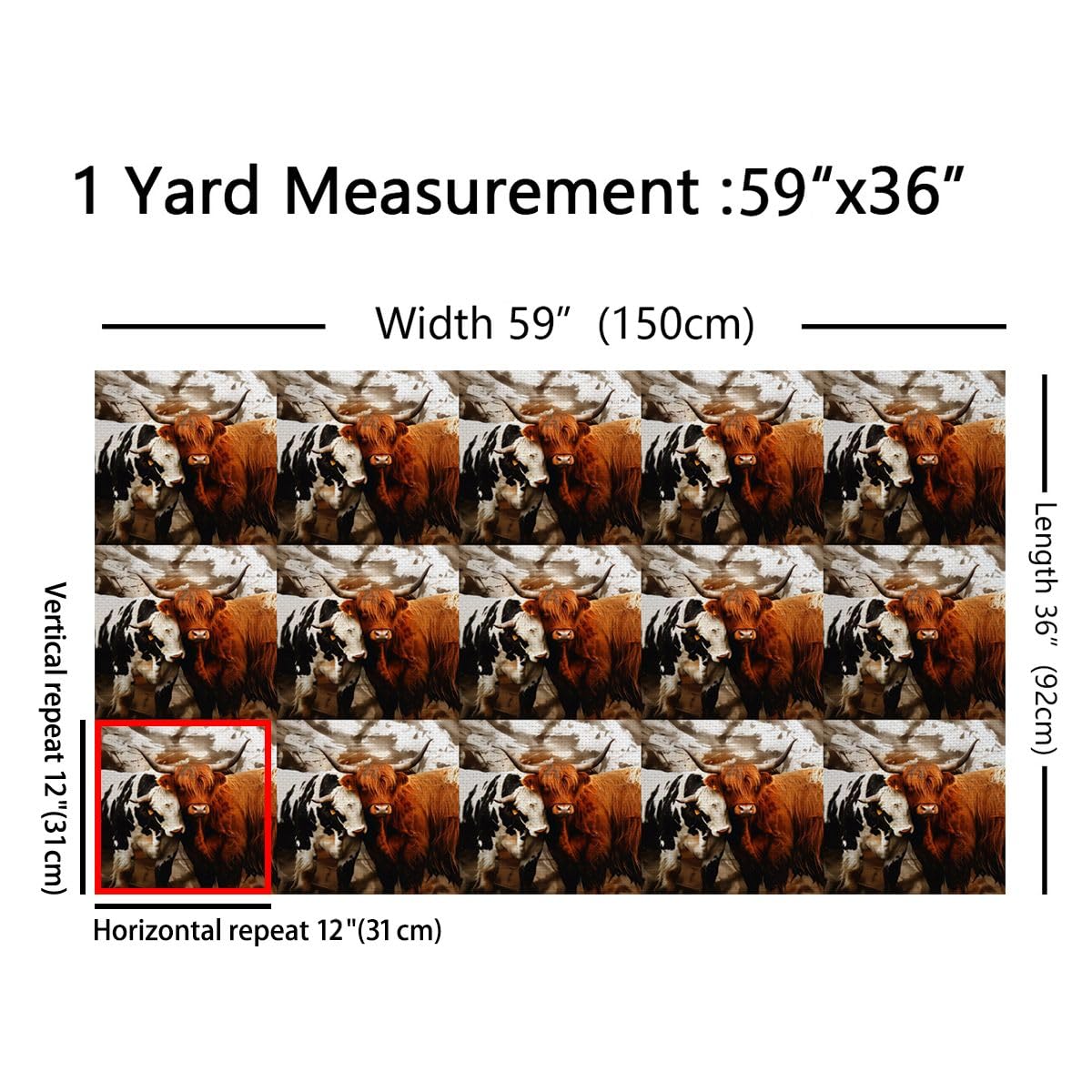 Homemissing Highland Cow Tessuto 920x150cm Highland Cattle Tessuti per sedie Cute Waterproof Decor all'aperto per progetti artigianali di cucitura fai da te