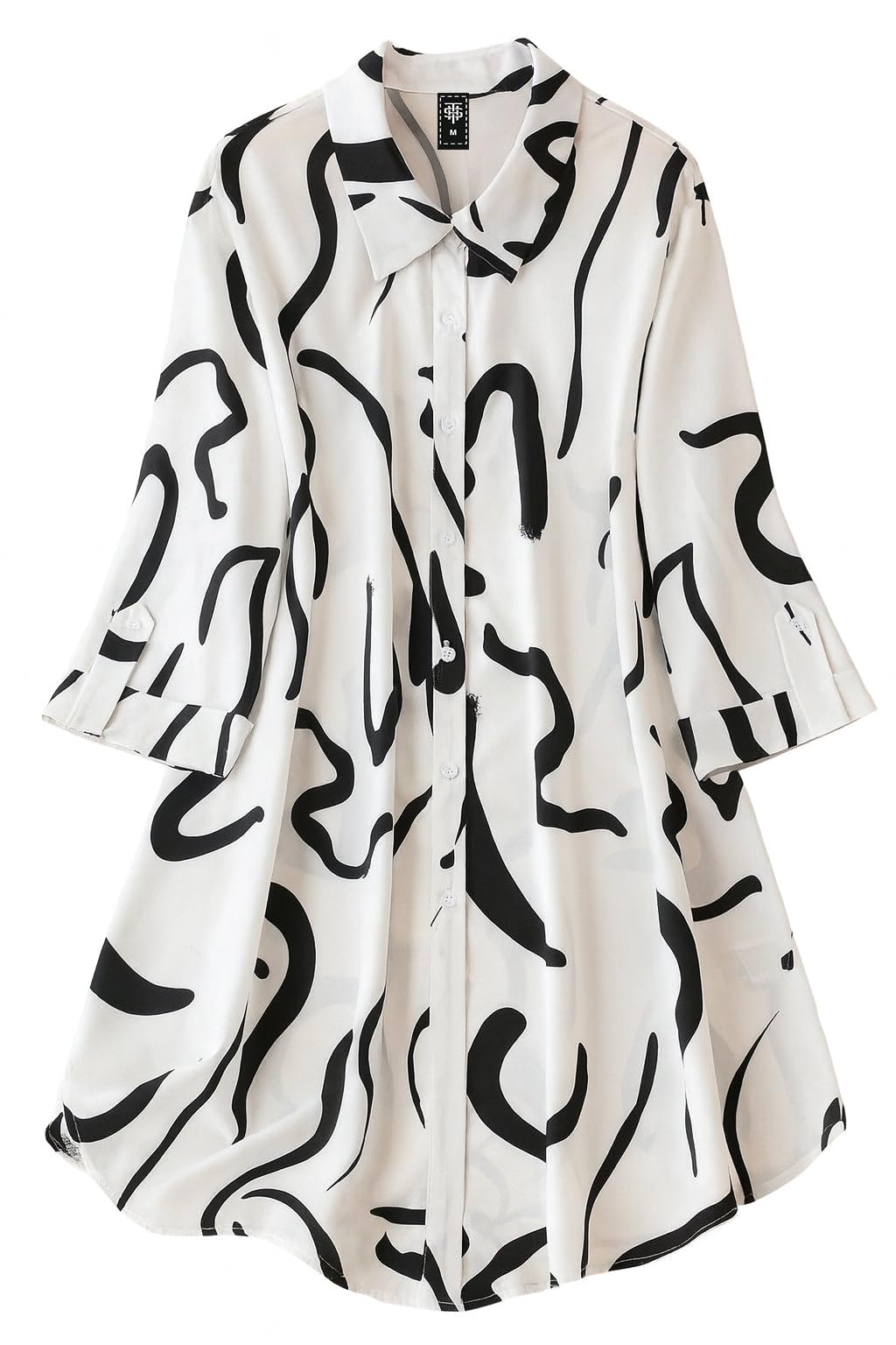 Women’s Black & White Abstract Printed Shirt Dress | Collar Neck & Roll-Up Sleeves | Trendy A-Line Mini Dress | Office & Casual Wear-image-21