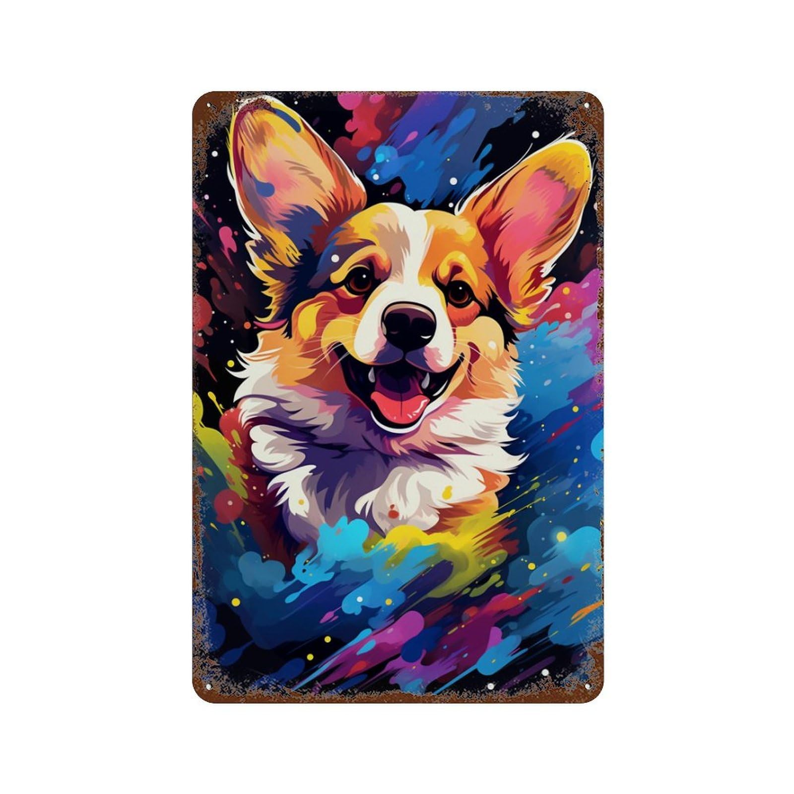 Rust Effect Colorful Corgi Art Print -5 Rusty Metal Tin Sign 11.8"x7.9", Industrial Home Decor for Living Room, Hallway And Home Decor