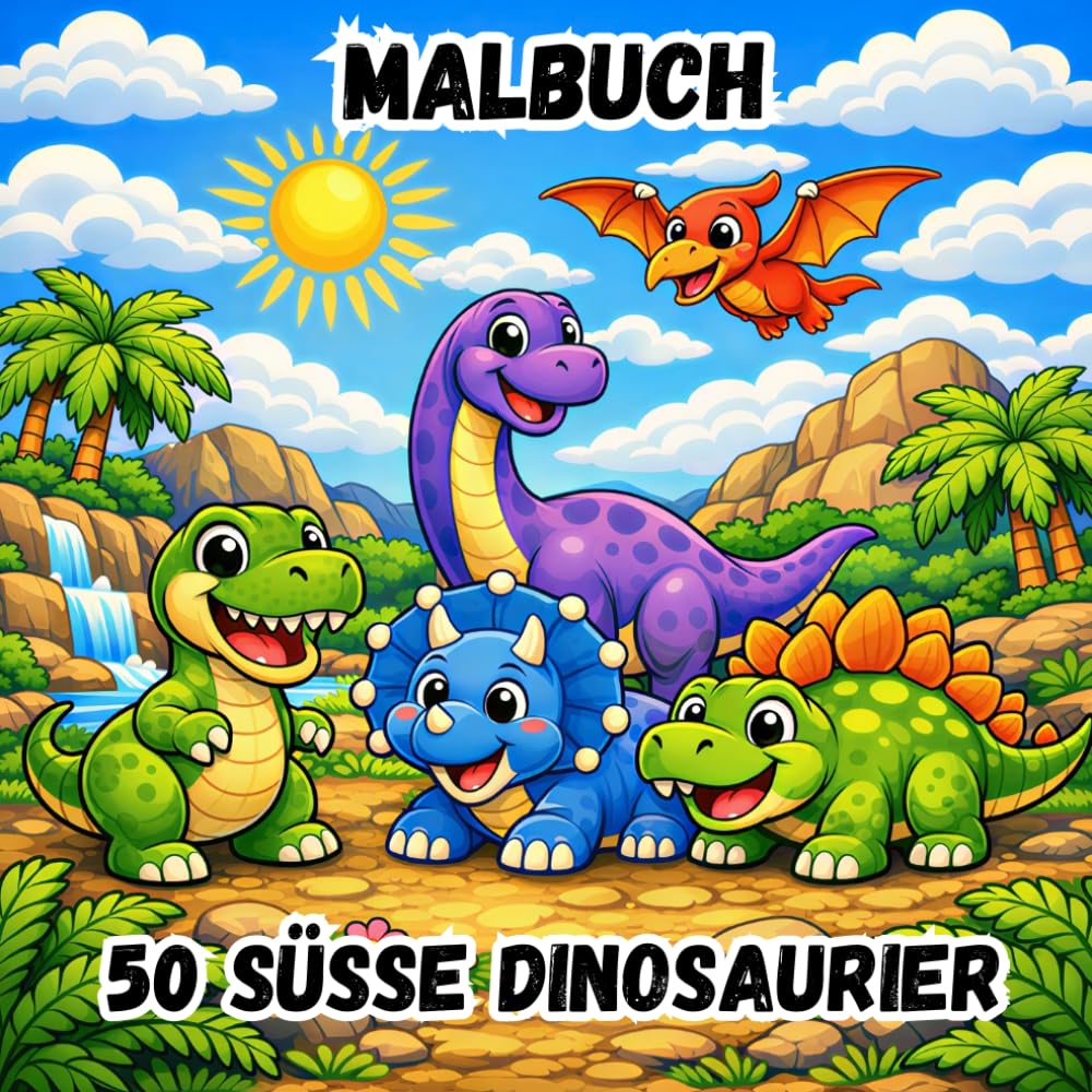 MALBUCH - 50 SÜSSE DINOSAURIER: 50 Einfache und Lustige Zeichnungen | Niedliche Dinosaurier und Prähistorische Szenen | Kreative Aktivitäten für Kinder von 3–8 Jahren