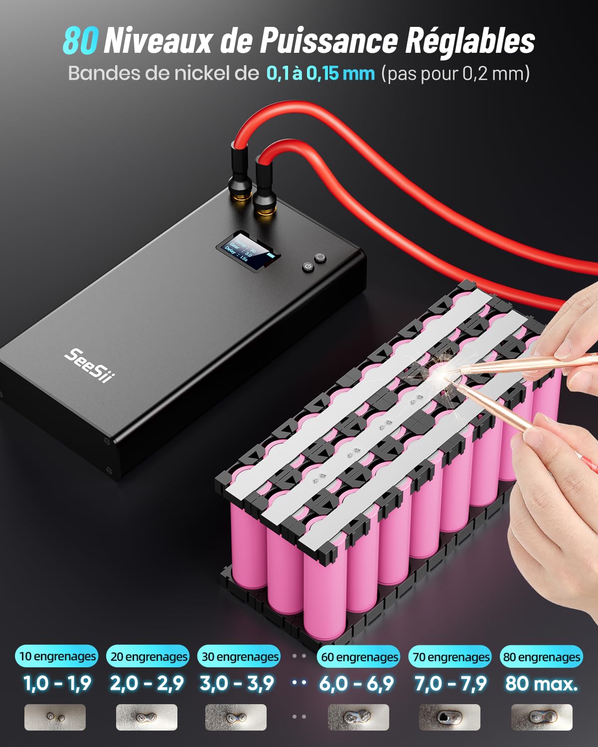 Seesii Soudeur par Points, SE-203 11000mAh Équipement de Soudage par Points Portable pour Batterie, Spot Welder avec Écran LCD 80 Engrenages Réglables pour 2 Lames de Nickel 5 Mètres
