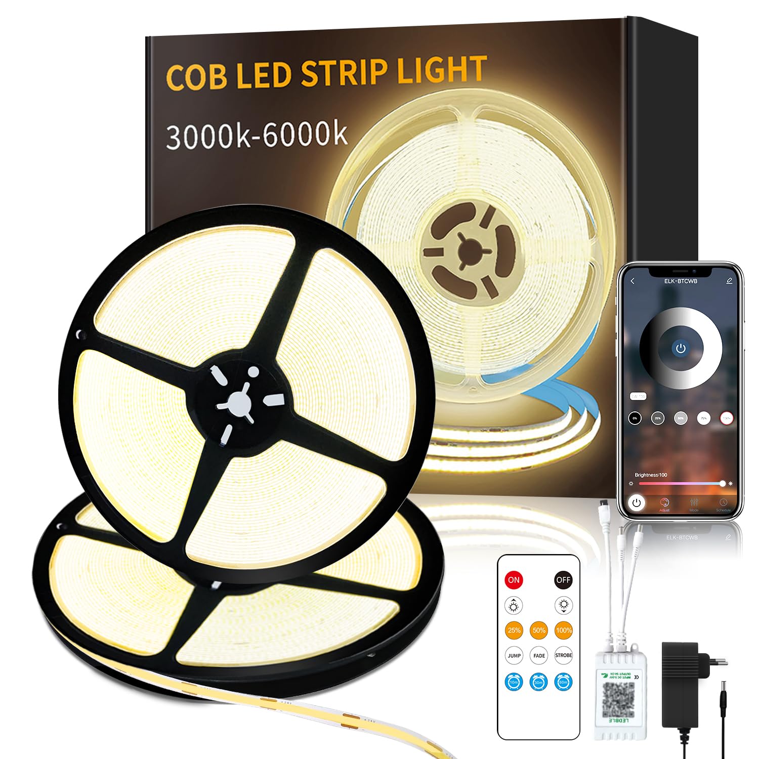 Tira LED COB blanco cálido 30 m, 24 V, regulable, 3000 K, cinta de luz autoadhesiva, control con mando a distancia, para cocina, salón (2 rollos de 50 pies)