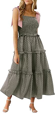 Wenrine Womens Olive Drab Floral Puff Short Sleeve Beach Dresses