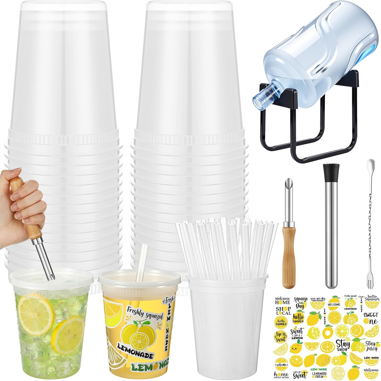 LemonRoad 50 Set Lemonade Stand Supplies Include 32 oz Plastic Cups with Lids and Straws Stainless Steel Water Jug Stand Dispenser Valves Straw Puncher Muddler Mixing Spoon for Summer Party Decoration