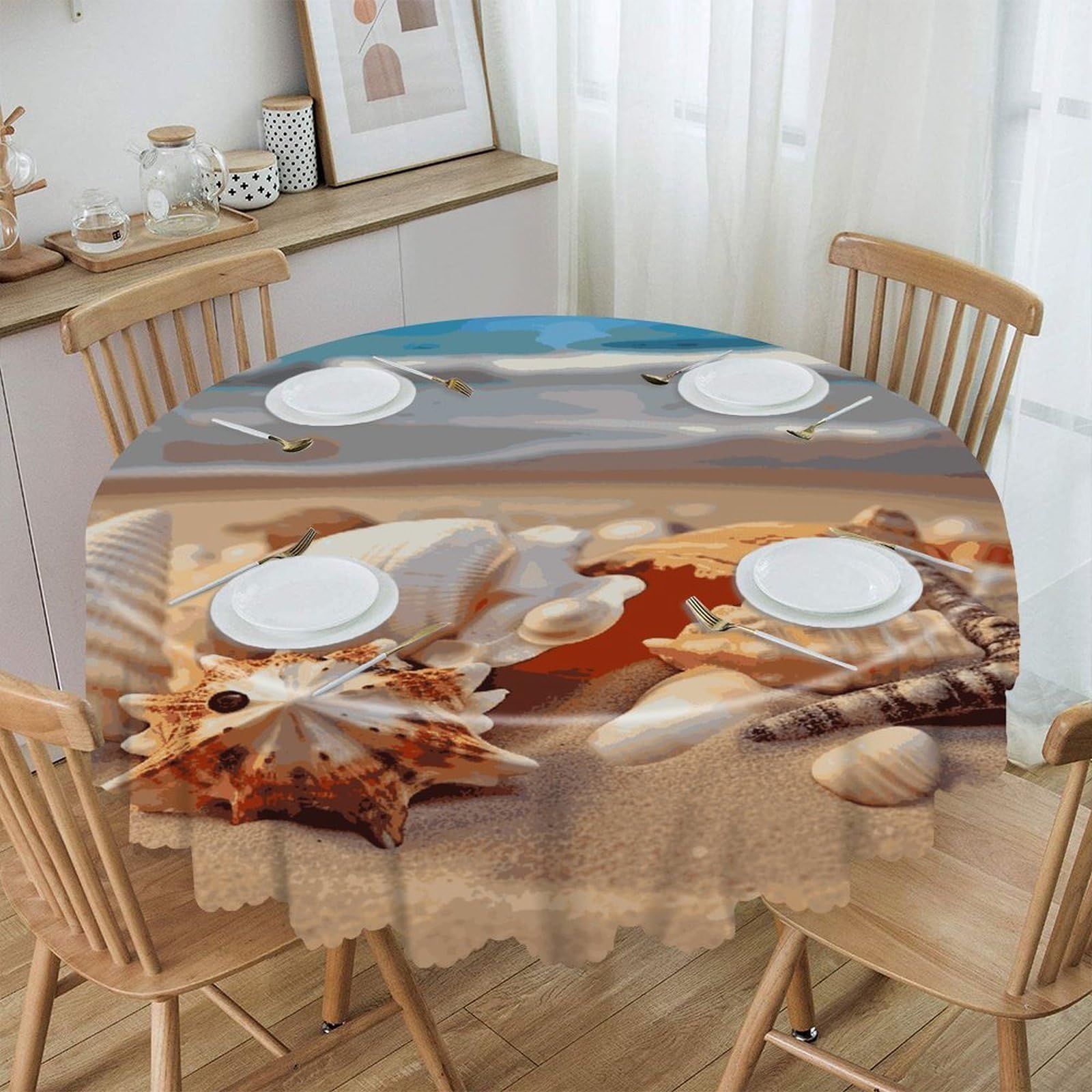 FekiLoot Seashells on The Sandy Beach Round Tablecloths 60 Inch Resistant Washable Polyester Table Cloth Style Decorative Circle Fabric Table Cover for Dining Kitchen Party Farmhouse Outdoor