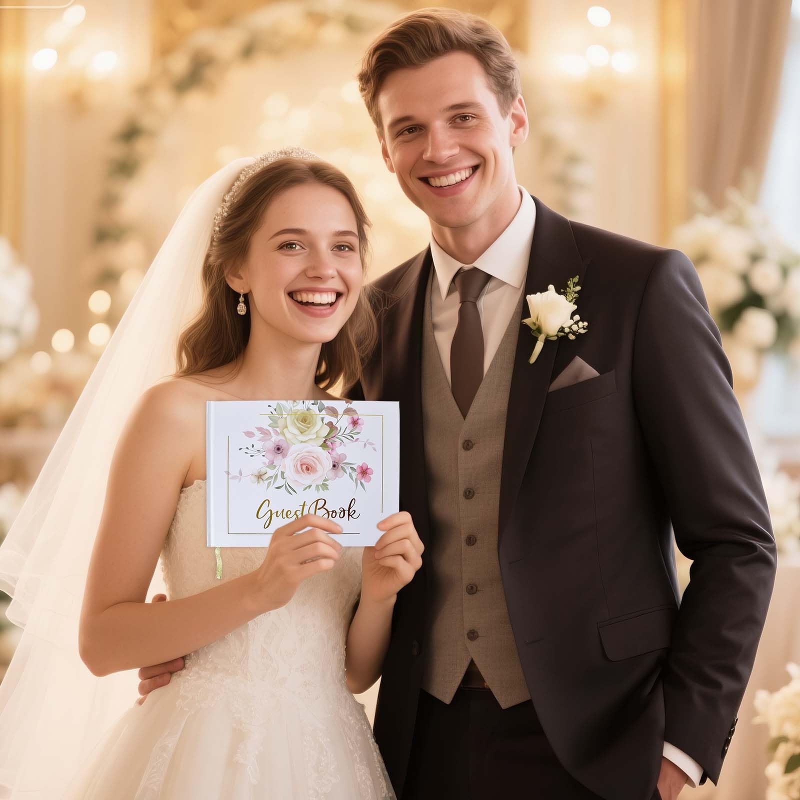 Libro de Firmas Boda, Libro de Invitados Boda con Portada Rígida con Pluma y 4 Pegatinas, para Celebraciones Elegantes y Álbum de Fotos DIY