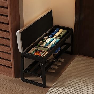 Shoe Rack Bench with Leather Cushion, 2-Tier Wooden Shoe Bench, Flip-Open Storage Box, Sitting Bench Seat for Entryway, Bedroom, Living Room, Balcony 39.3", Black39.3"