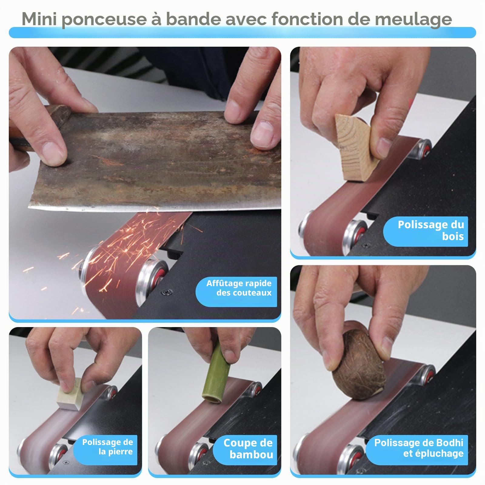 Mini Scie de Table Circulaire Compacte avec Ponceuse à Bande 200W Multifonctionnelle Portable 4 Lames 0,1-30mm pour Bois DIY