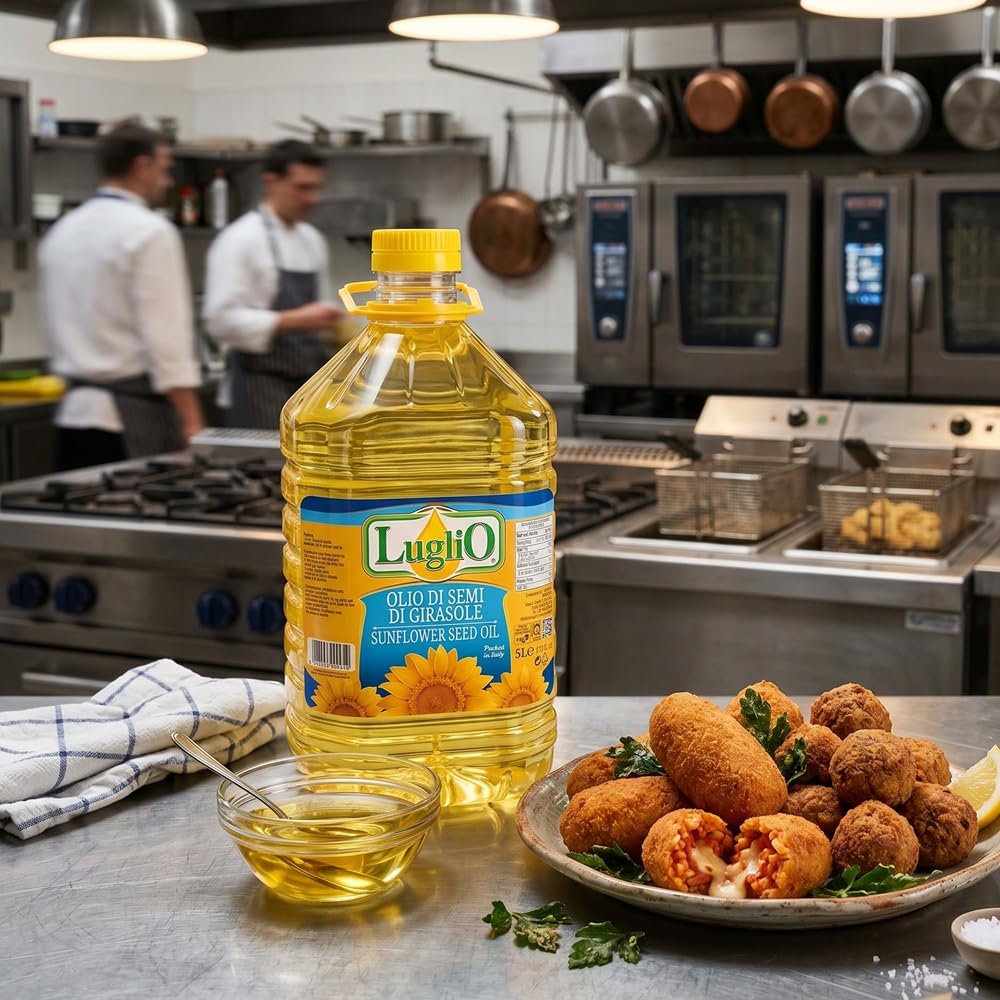 Huile de Tournesol (5 Litre) Huile Comestible Grand Récipient I Huile de Friture I Idéal pour la cuisson des Rôtis et des Salades Par Olio Luglio | Huile Comestible | Huile de Friture I Idéal pour la cuisson des Rôtis et des Salades