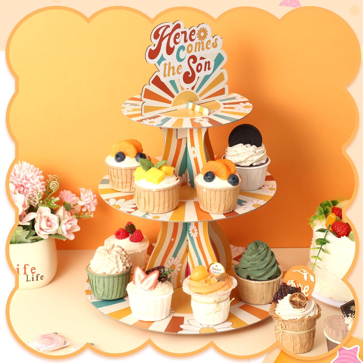 Sliner Here Comes The Son Cupcake Stand Decorations 3 Tier 11.8 x 16.6 Inches Cupcake Stand Here Comes The Son Baby Shower Supplies for Boho Baby Shower Gender Reveal Birthday Party Supplies image 5