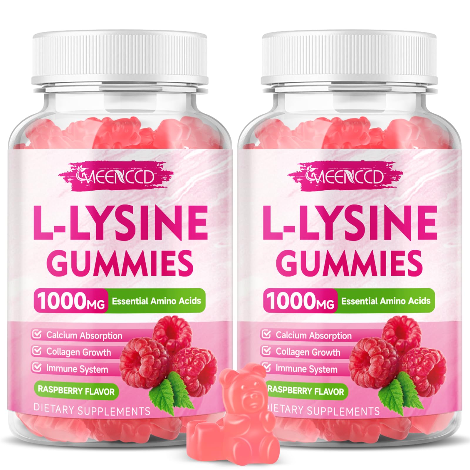 MEENCCD 2 Pack L-Lysine 1000mg Gummies, Lysine Supplement for Adults & Kids, Essential Amino Acid for Lips & Oral Health, Boost Immune & Collagen &