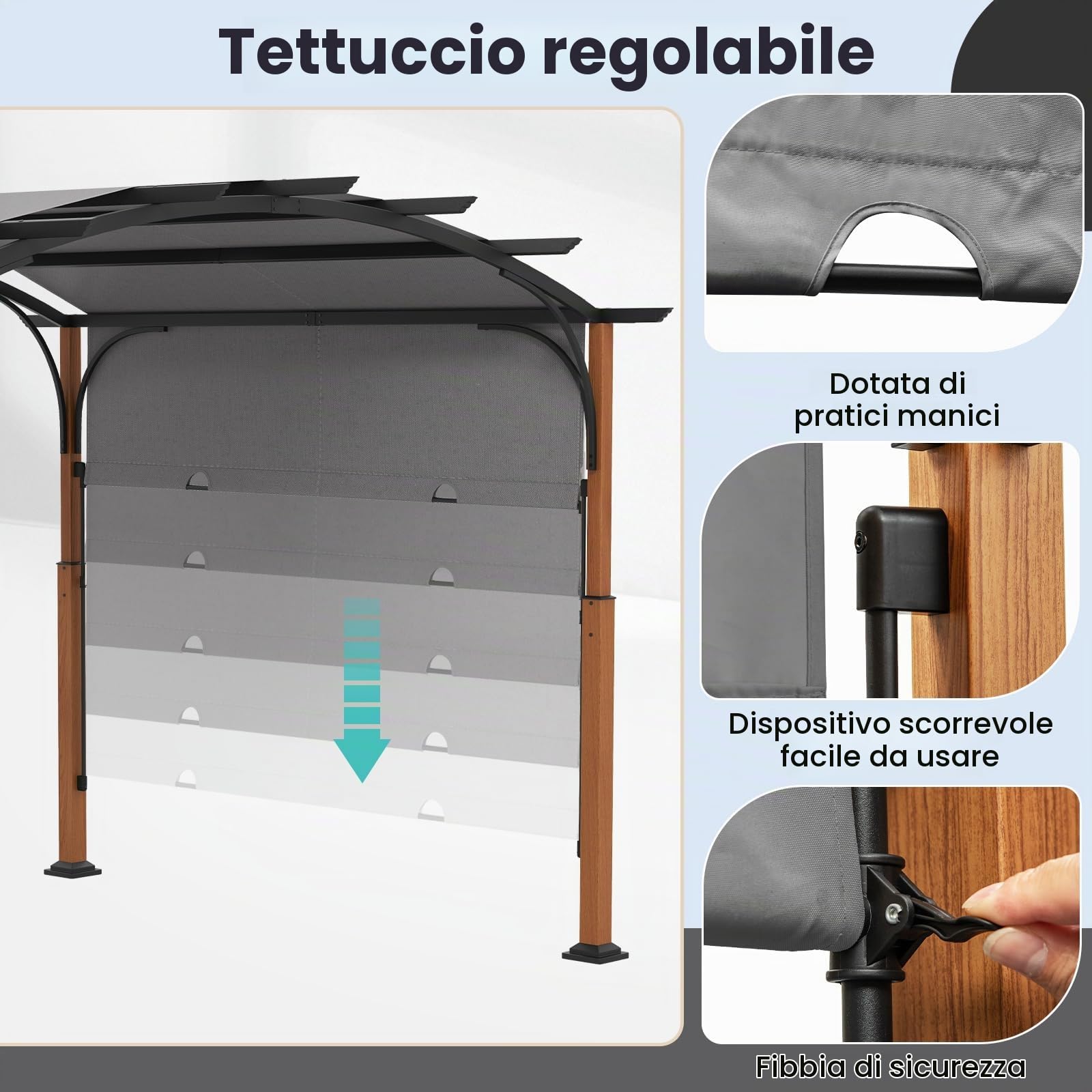HOMASIS Pergolato Curvo 3,6 x 3m, Gazebo da Giardino con Copertura a Scomparsa, Gazebo Esterno Resistente con Tetto Regolabile in Poliestere, Tettoia per Esterno, Cortile (Grigio)