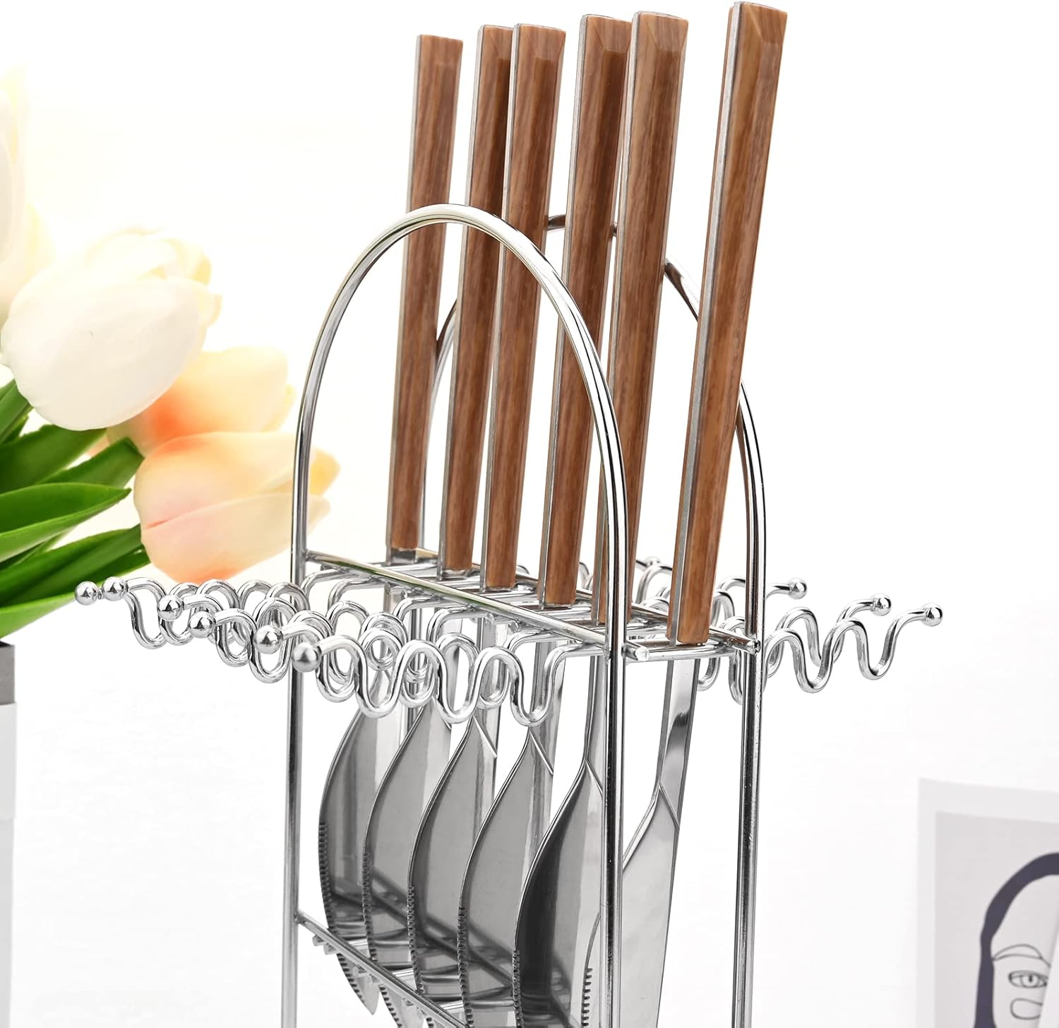 Silverware Set, 24 Piece Mirror Flatware Set With Stand, Stainless Steel Utensils With Wooden Handle, A Complete Cutlery Set For Most Families, Service For 6