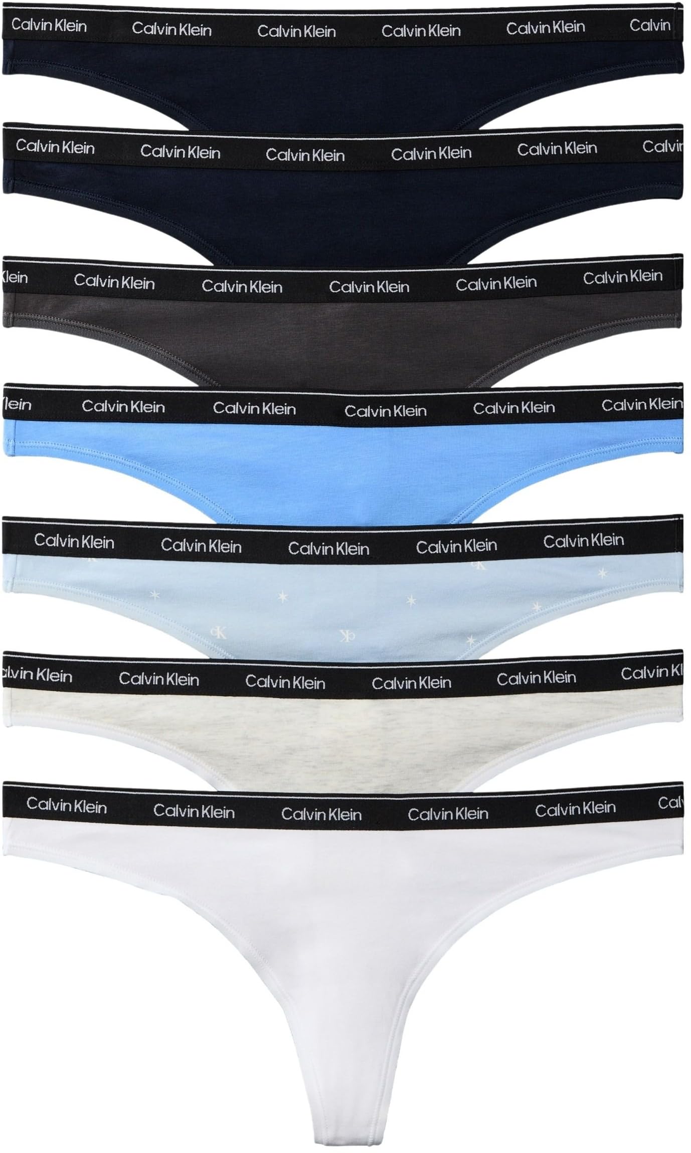 Calvin Klein Women THONG 7 PK BLUE (Shrln/Shrln/SngStrs BRZYBL/SnwHthr/) S