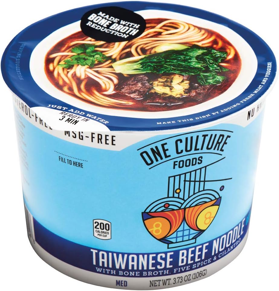 One Culture Foods Bone Broth Instant Cup Noodles, Taiwanese Beef Noodle - Natural - Non-GMO (Pack of 8)