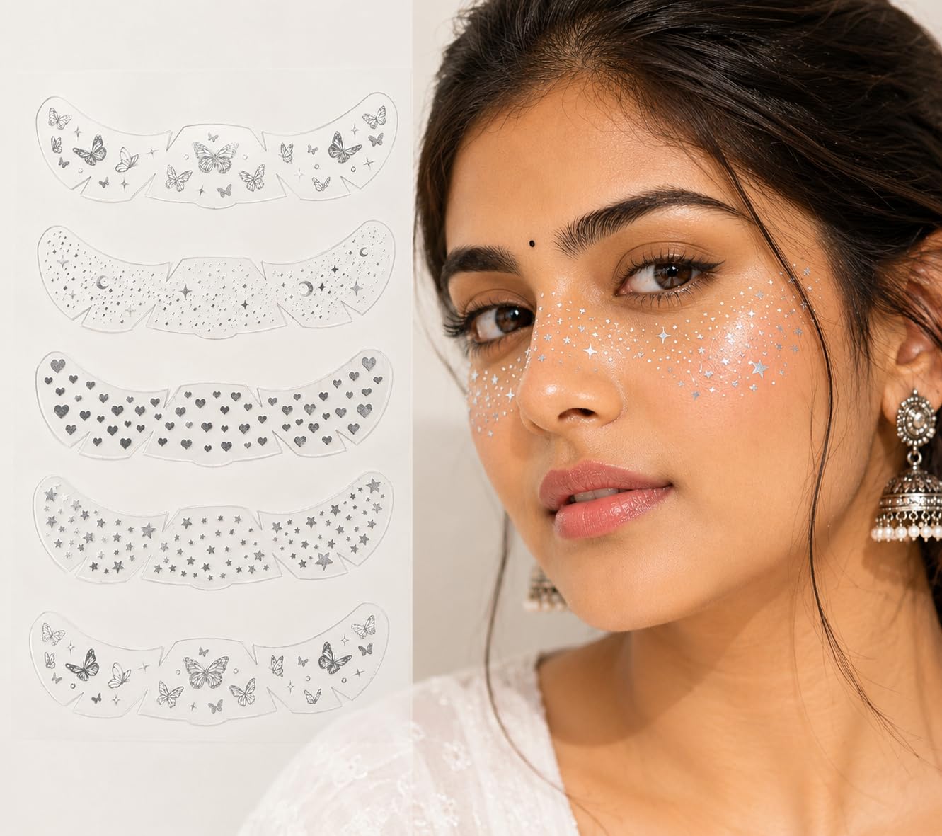 Temporary Glitter Stickers Face Tattoo Stickers Waterproof Faux Freckles Sparkle Makeup Patches | Face Tattoos for Women | Cute Glitter Makeup Accessories for Festivals (5 pcs, Dotted Glitter)-picture-38