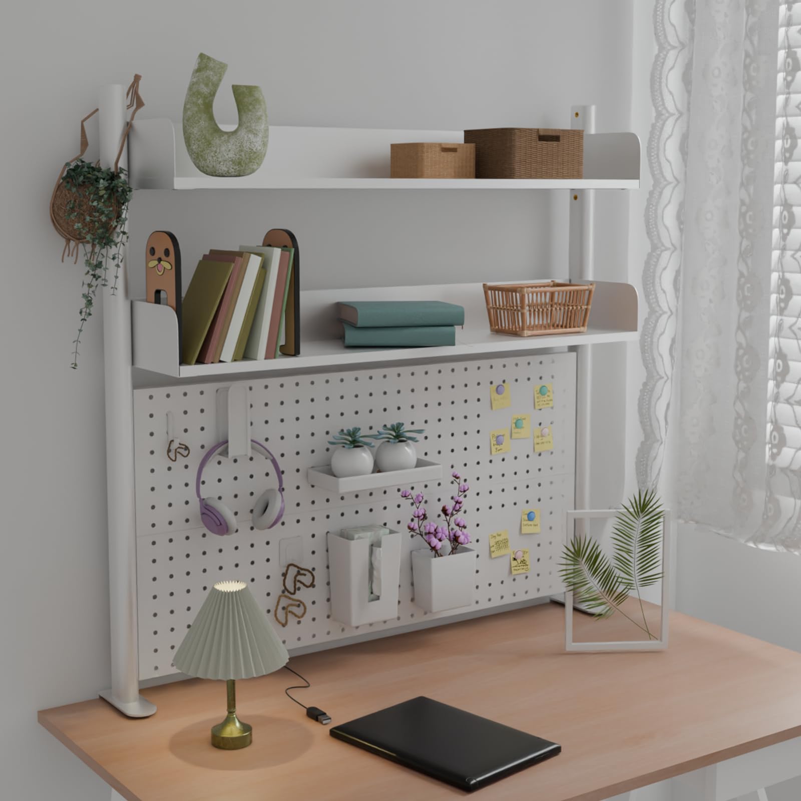 Schreibtischregal mit 2 Ebenen, zum Anklemmen, weiß, 100 cm, Bücherregal mit Lochwand, Aufbewahrungsorganisator für Zuhause, Büro oder Wohnheim