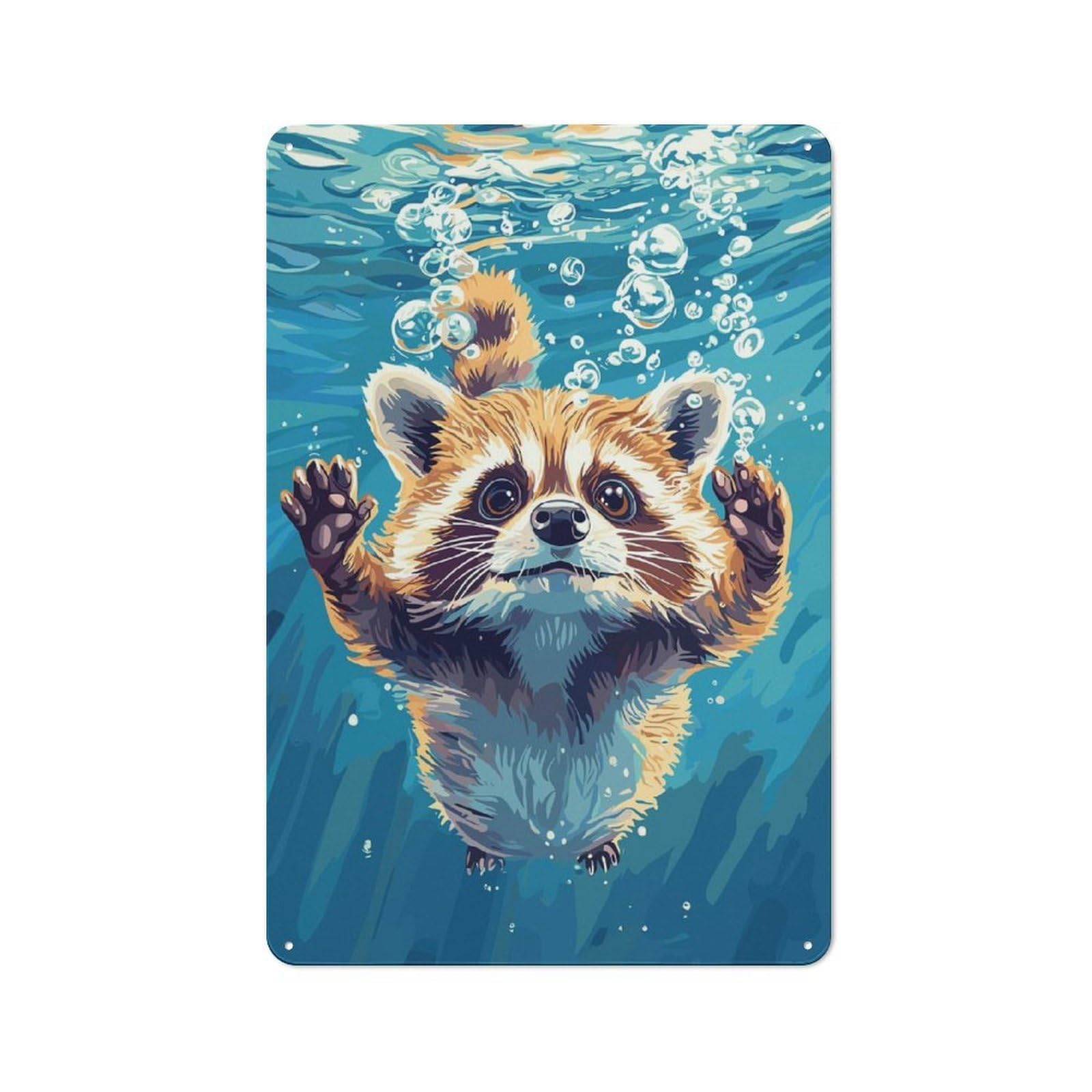 Junmoney Style-8 Cartoon Raccoon Swimming Underwater With Bubbles Decorative Tin Sign 30X20cm, Country Country Wall Plaque For Dining Room, Cafe, Entryway Or Family Room