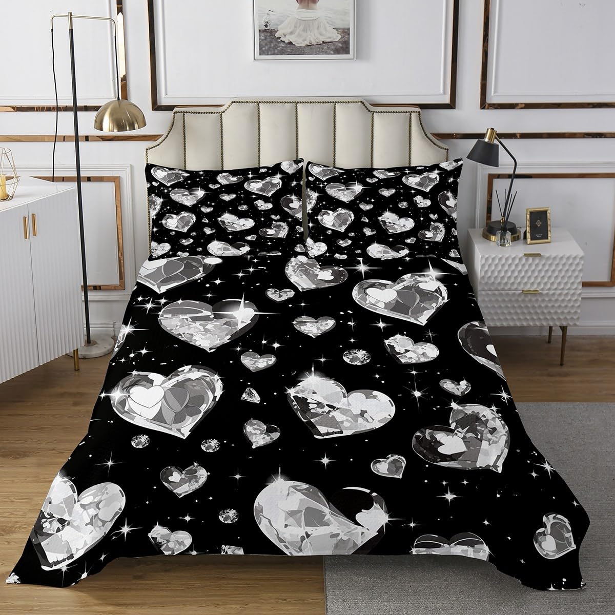 jejeloiu Kids Black Silver Heart Bedspread Queen Size, Romantic Quilted Coverlet Boys Girls Valentine's Day Coverlet Set Teens Bedroom Decor with 2 Pillow Case