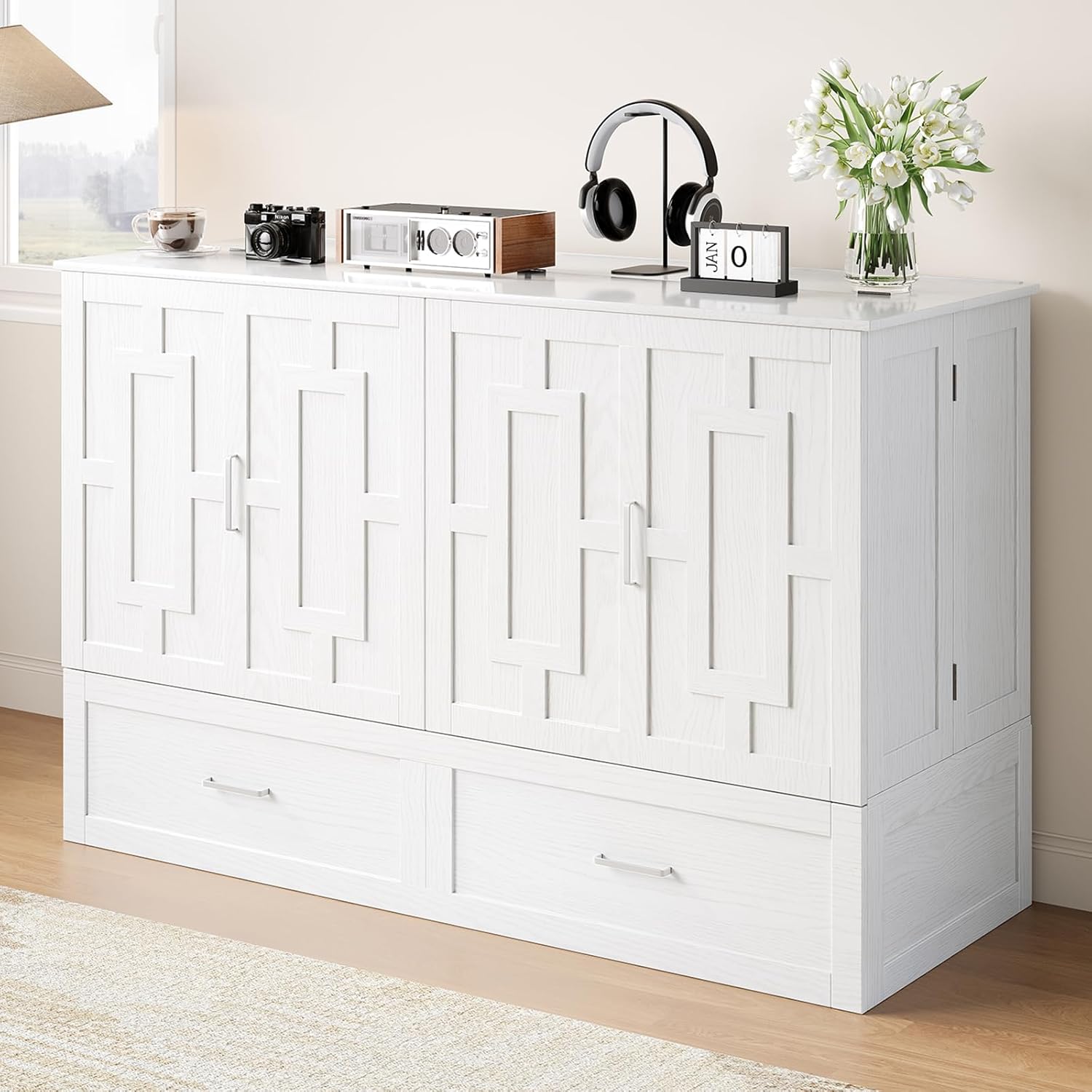 BALUS Murphy Bed with Storage Drawer, Cabinet Bed with Tri-fold Mattress and USB Charging Station, Folding Queen Size Beds, Space Saving, Convertible, Easy Assembly (White)