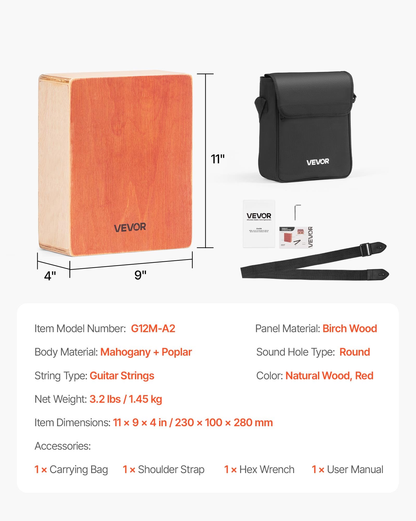 VEVOR Bęben Cajon Box z wewnętrznymi strunami gitarowymi, lekkie, drewniane pudełko perkusyjne, przenośny instrument perkusyjny z torbą podróżną, regulowany pasek, dla początkujących i