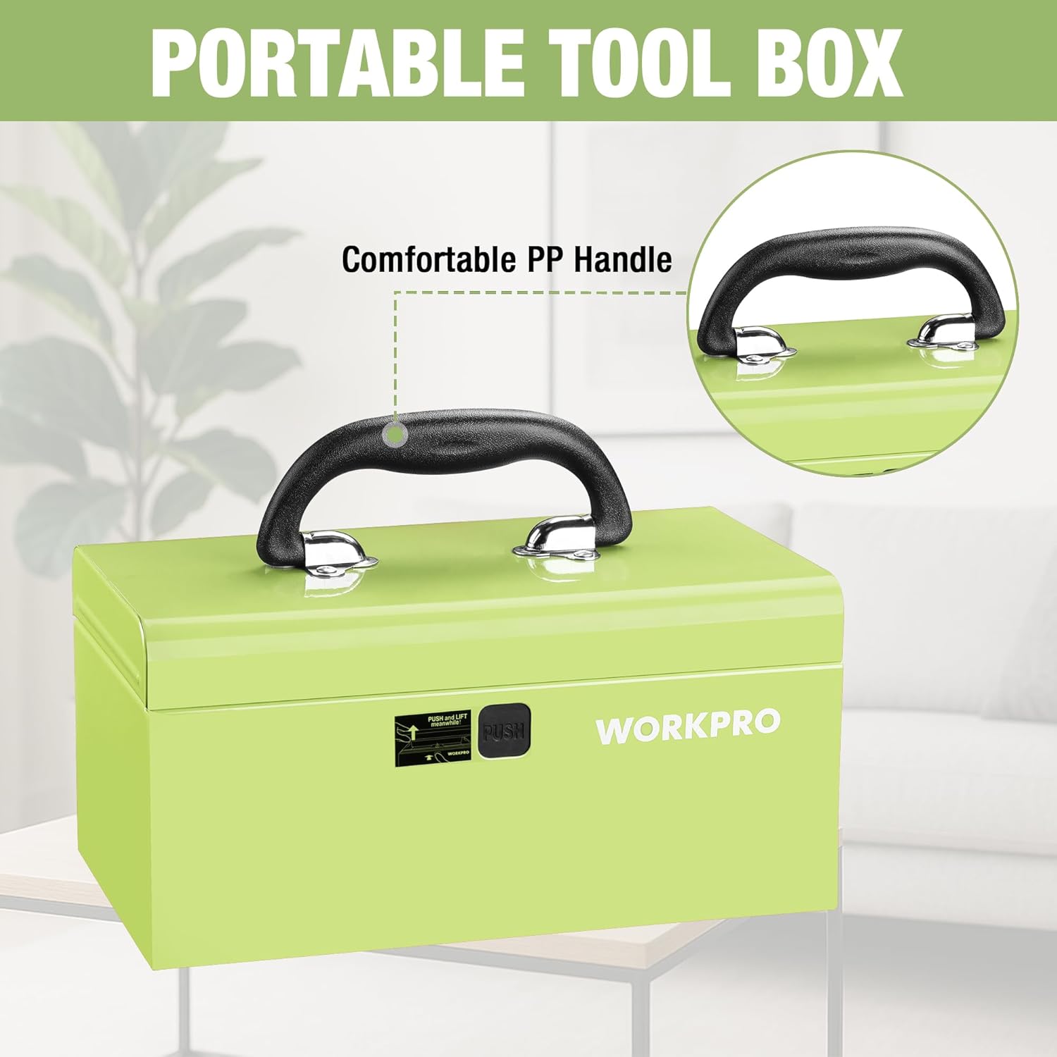 WORKPRO 10.8" Portable Mini Metal Tool Box with Removable Color-Matching Tray, One-Button Latch Toolbox, Steel Tool Chest with PP Handle, Compact Storage Organizer for Home, Office or Workshop