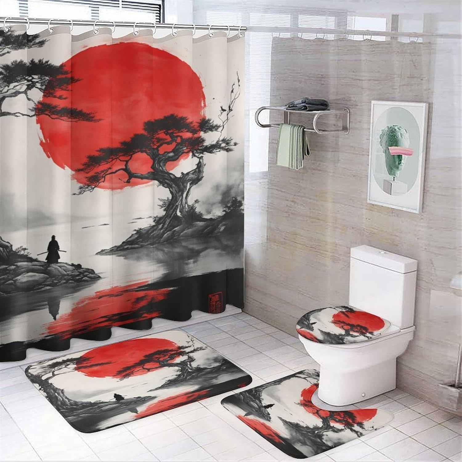 4PCS Mysterious Japanese Tree Ninja Rock Water Moon Shower Curtain Set 72W X 72L, Rustic Samurai Red Print Bathroom Decor, Toilet Lid Cover Non-Slip Rugs and U-Shaped Mat Set 12 Hooks