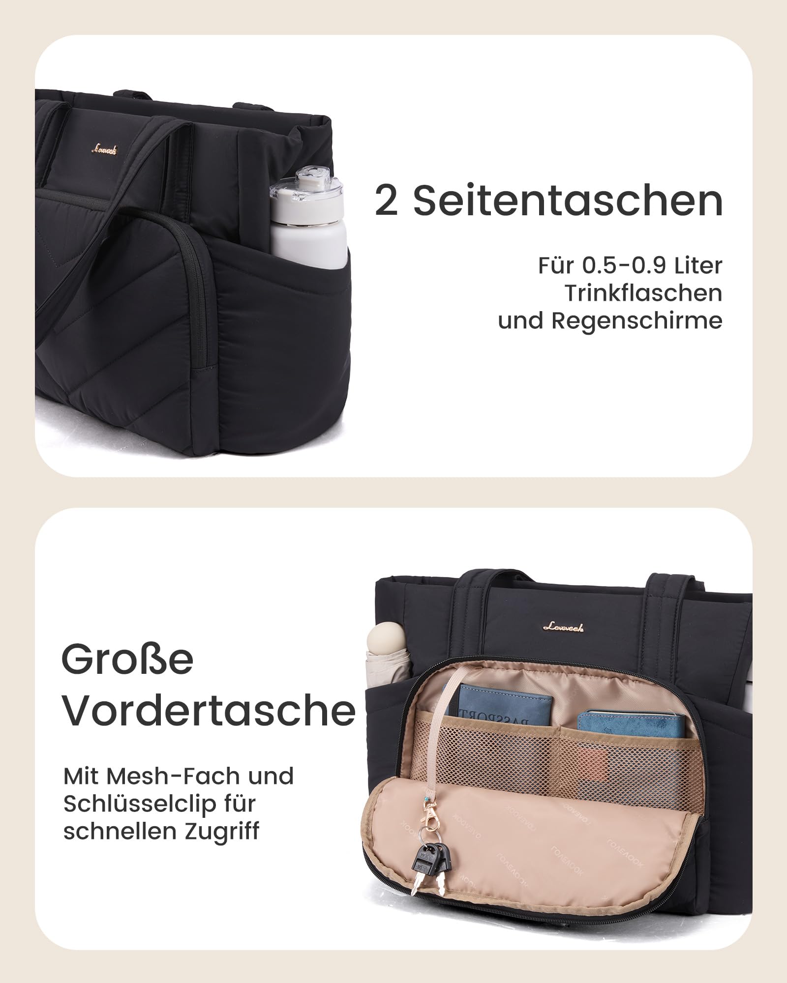 LOVEVOOK Bolso de Mano Grande Mujer, Bolso Tote Acolchado Ligero para Ordenador Portátil de 15,6 Pulgadas, Bolso de Trabajo para Profesora, Ideal para Universidad, Negocios, Escuela y Oficina