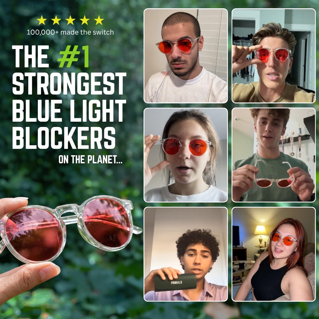 PRIMALS Gafas de bloqueo de luz azul, extrafuerte, bloquean el 99.9% de la luz azul, mejora el sueño y la concentración, computadora, juegos, televisión, teléfonos (lente roja + marco transparente)