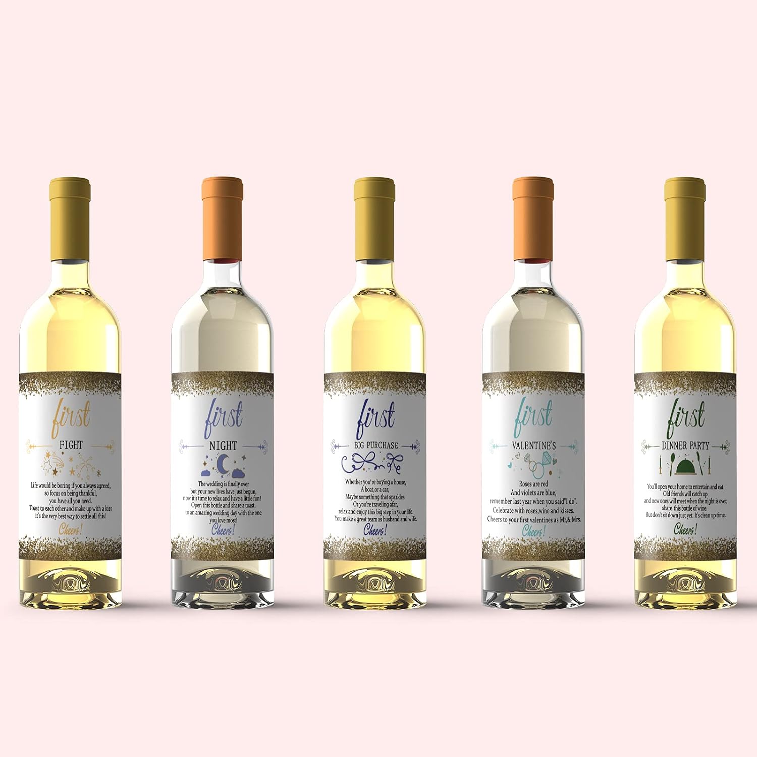 SUPERDANT 18PCS Wedding First Anniversary Wine Labels for Bottles 2 Sets 9 Styles Marriage Milestones Wine Bottle Decoration for Anniversary Wedding Champagne Bottle Cover DIY Gift
