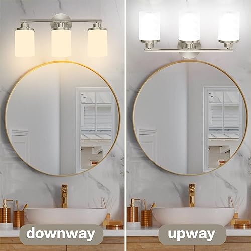 Miniatura 2 de Lámparas de baño de níquel cepillado, luces de tocador de níquel de 3 luces, luces de baño sobre espejo, apliques de pared modernos con pantallas de