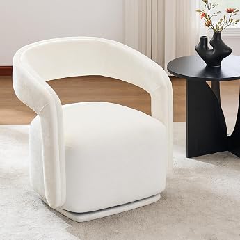 DEKKETO 360  Rotating Upholstered Chair Chenille Lounge Chair with Large Seat and Curved Backrest Modern Swivel Chair for Living Room Bedroom White