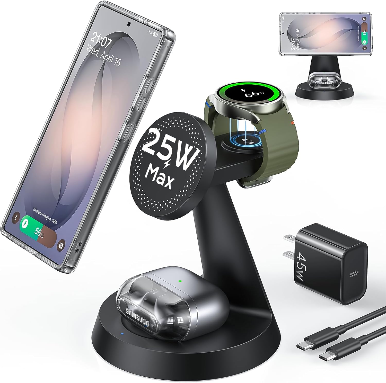 Magnetic Wireless Charger for Samsung, 3 in 1 Charging Station Compatible with MagSafe Samsung Charger 25W Max for Galaxy S26 Ultra, Watch Charger Stand for Galaxy Watch Ultra 8 7, with 45W Adapter