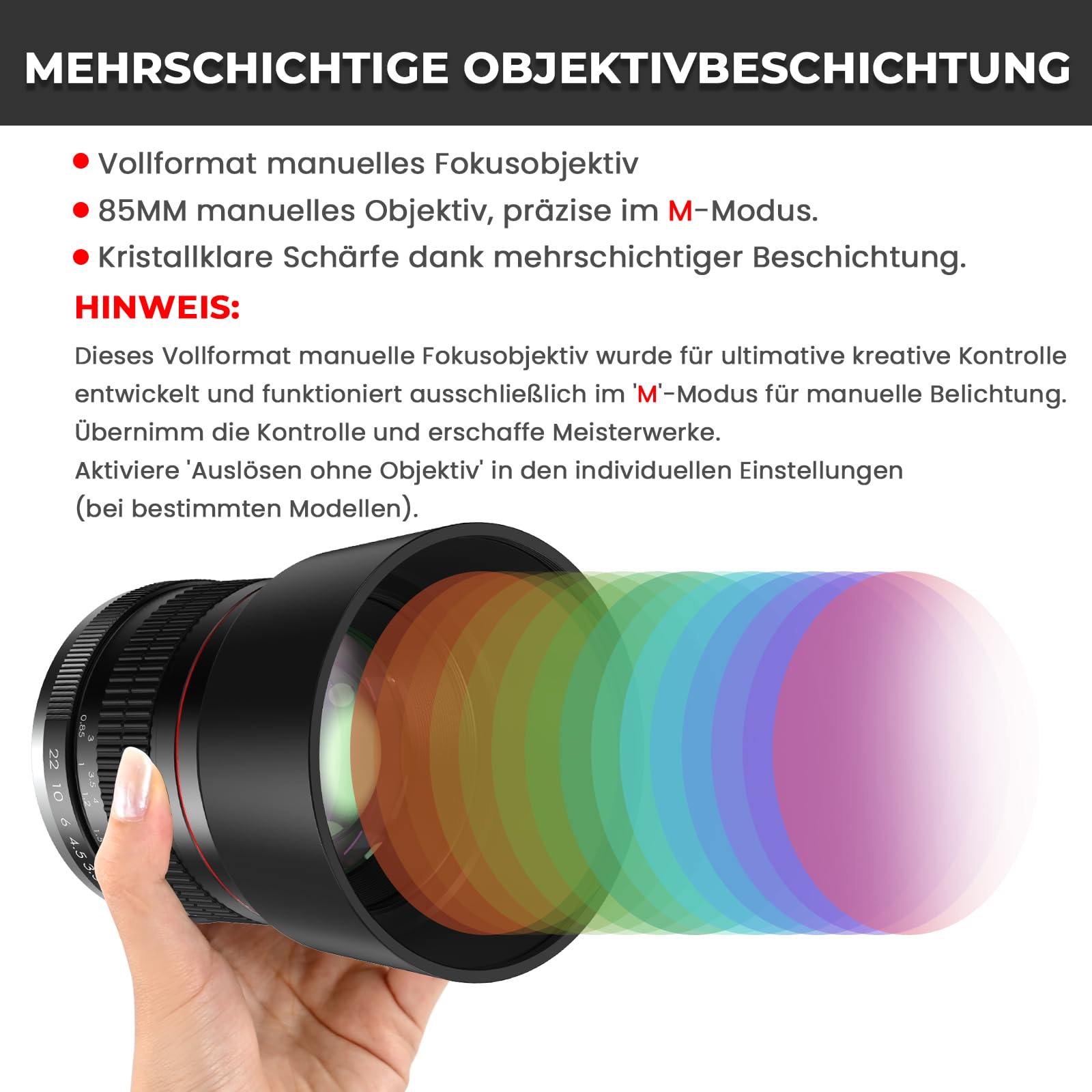 Lightdow 85mm F1.8 Portraitobjektiv für Canon EF/EF-S | Professionelles MF-Festbrennweiten-Objektiv mit Vollformat & APS-C | Für EOS DSLR Kameras wie Rebel T7, T6, 6D, 5D, 850D, 4000D