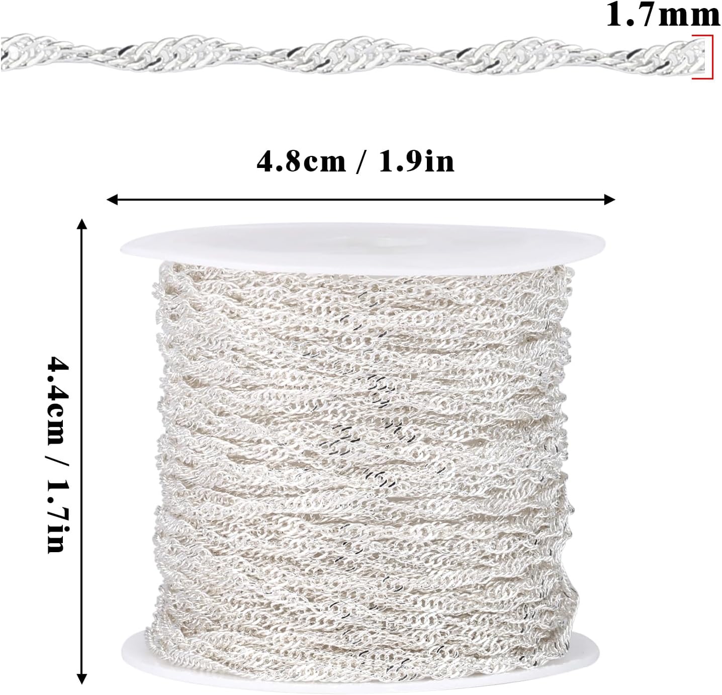 33 Feet Silver Singapore Chains Roll, 2MM Silver Plated Brass Twisted Link Chains Spool Bulk for Jewelry Making DIY Craft