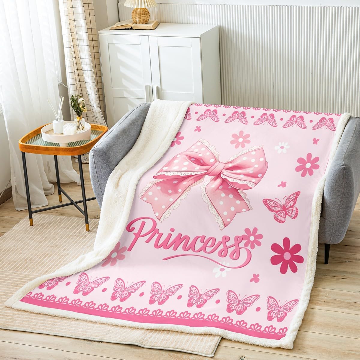 Pink Bowknot Fleece Blanket,Princess Style Butterfly Daisy Flowers Plush Blanket for Kids Teens,Room Decor,Cute Polka Dots Lace Kawaii Bow Flannel Blanket,Twin 60"x80"