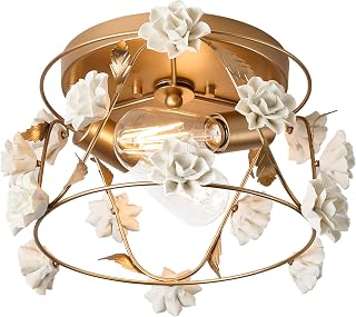 Close to Ceiling Lights, Ceramic Flower Flush Mount Ceiling Light Fixture, Gold Hallway Lighting Fixtures Ceiling C2801-2