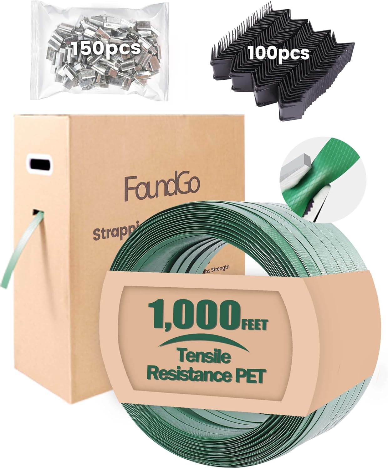 FoundGo 1000ft 5/8" 0.035" Green Polyester (PET) Strapping Roll Industrial-Grade＞1500lbs Break Strength Tough Waterproof Embossed and Rustproof with pull-out box,100 Corner Protectors,150 Seals