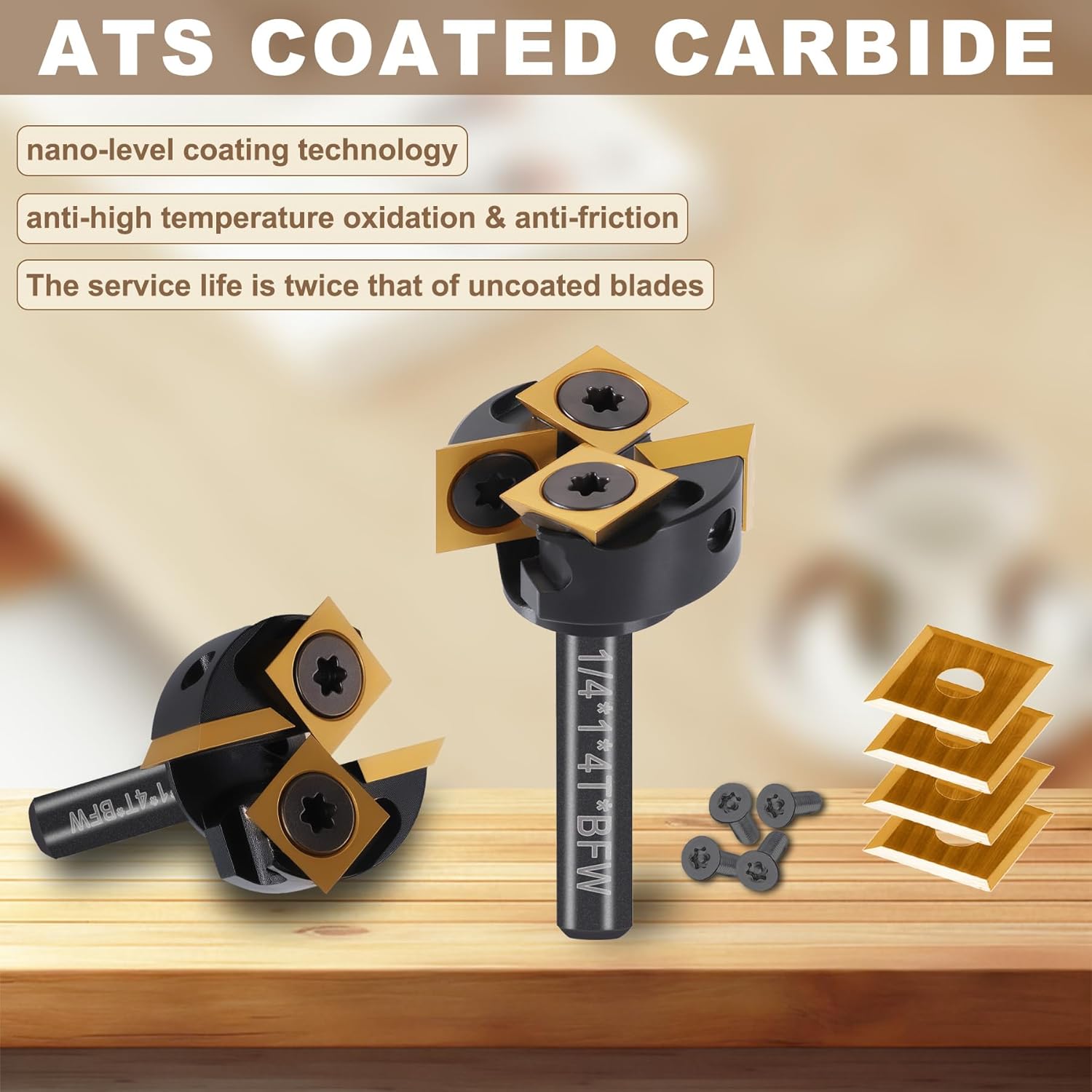 2+2 Flute Slab Flattening Router Bit 1/4" Shank, 1" Cutting Dia, CNC Spoilboard Surfacing Bit with ATS Coating, Carbide Insert Wood Planer Bit, Planing Bit for Woodworking