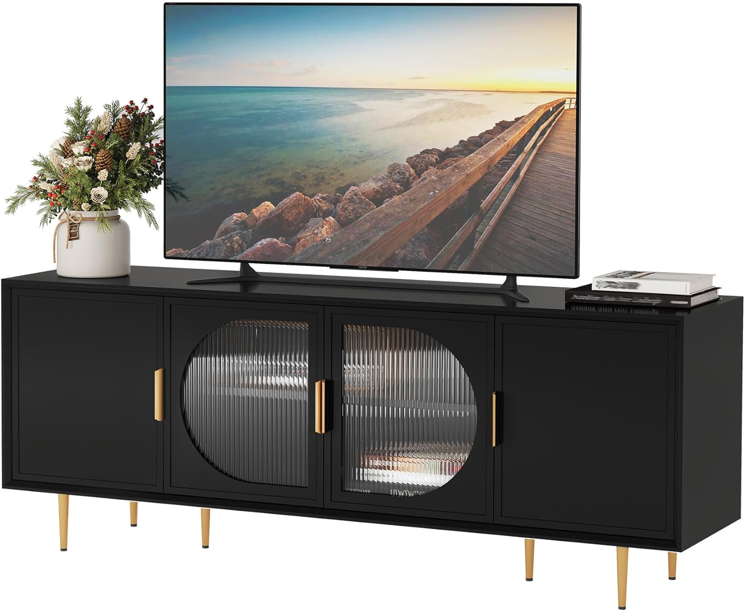 ARTPOWER TV Stand with Storage, 66" Modern TV Entertainment Center for TVs up to 75 Inch, Under TV Cabinet with Glass Door, TV Console Media Center for Living Room, Bedroom, Black