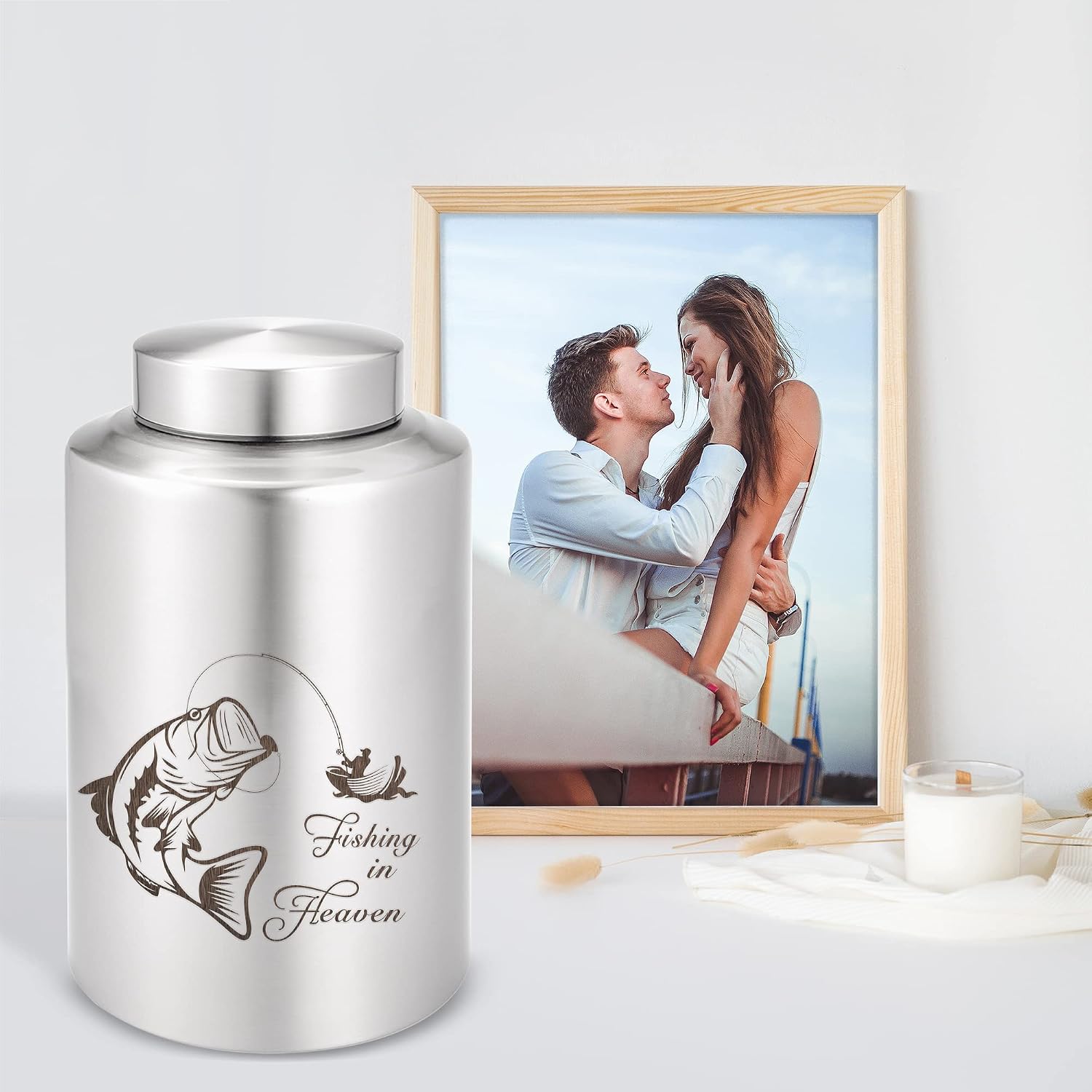 Gredstar Fishing Cremation Urn for Human Ashes, Silver Fishing in Heaven