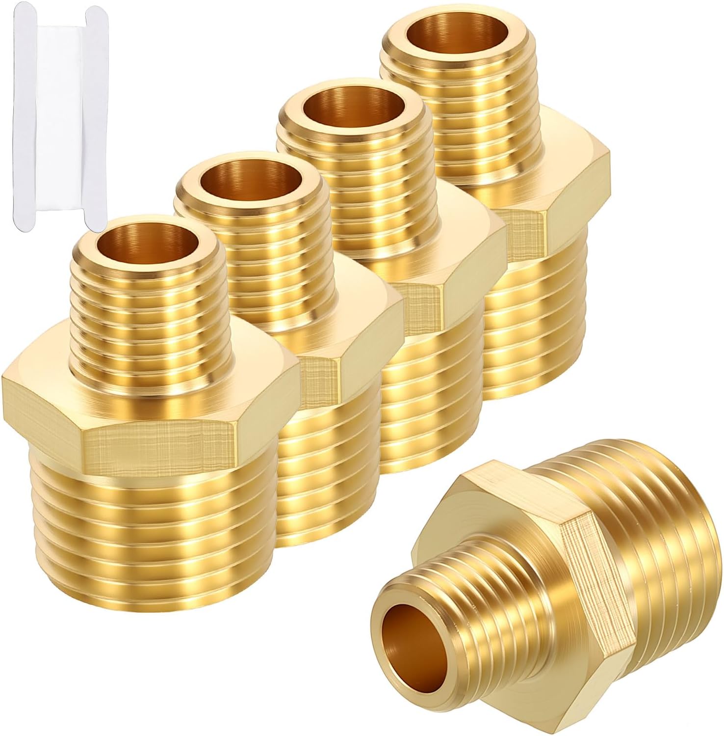 5 Pack Male to Male Adapter, 1/2" MNPT x 1/4" MNPT Hex Nipple Pipe Extension Fitting W/Sealing Tape for Industrial, Fluid Transfer, Home Gardening, Water Treatment, Gas Line
