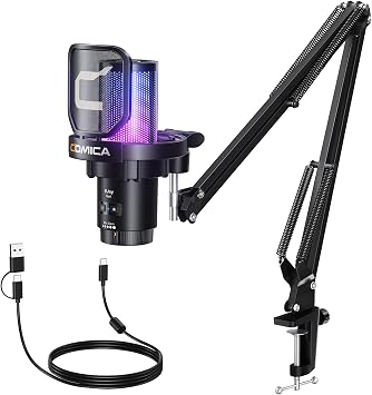 COMICA Ejoy UniA USB Gaming Microphone for PC, Podcasting Mic with One-Click Noise Cancellation, RGB Lights, Monitoring, Muting, Streaming Mic for Computer Phone, PS5, PS4, Twitch, YouTubeBlack