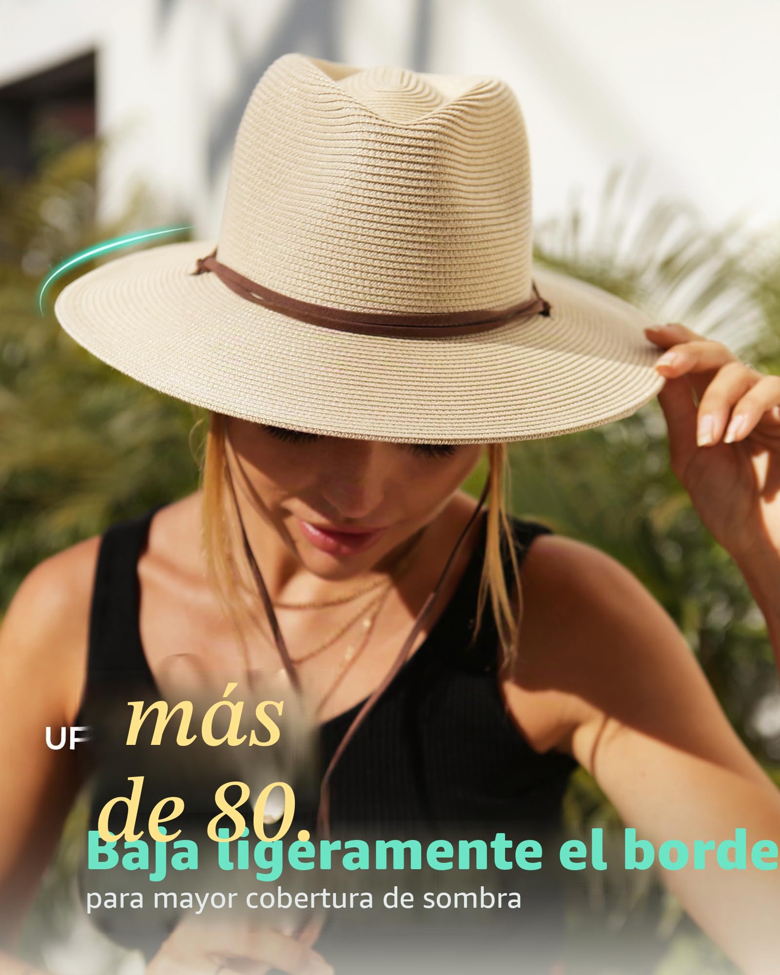 FURTALK Sombrero panamá unisex de ala ancha, sombrero de verano con protección UV, con correa de barbilla, sombrero de playa para hombre y mujer, sombrero de paja ajustable