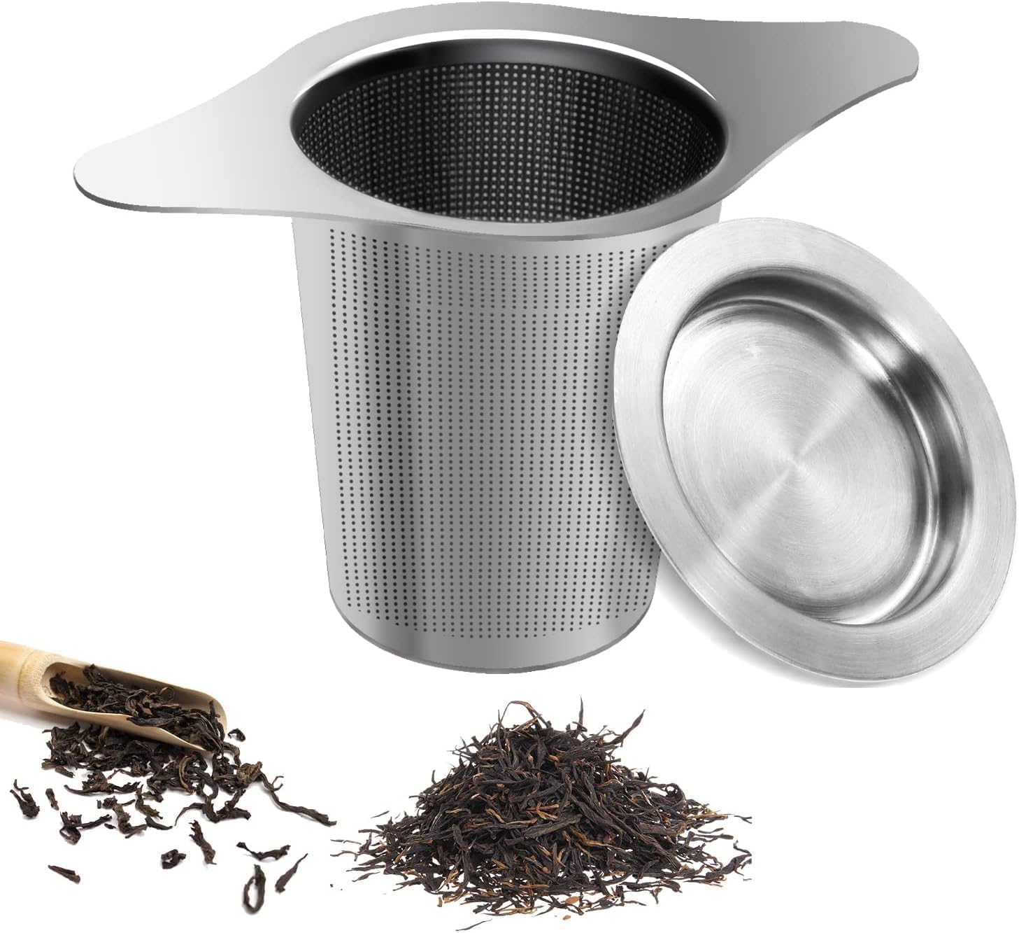 Tea Filters Strainers Infuser Steeper 304 Stainless Steel & Extra Fine Mesh with Lid for Loose-Leaf Tea,Large Capacity and Perfect Size with Double Handles for Hanging on teapots