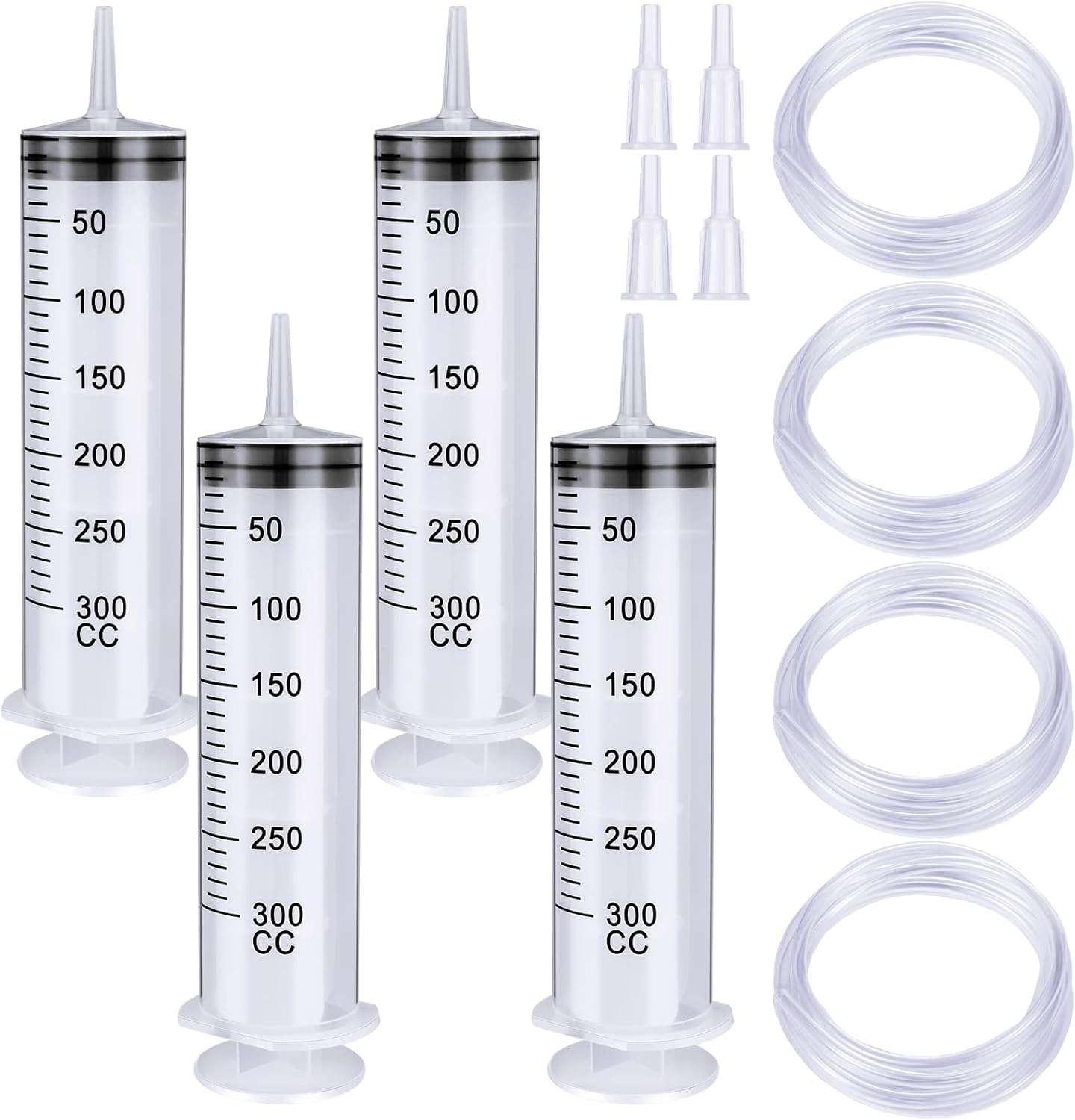 Threlaco 4 Pack Large Plastic Syringe with Handy Plastic Tubing and Luer Connections Large Syringes for Liquid Measuring Watering Refilling Feeding (300ml)