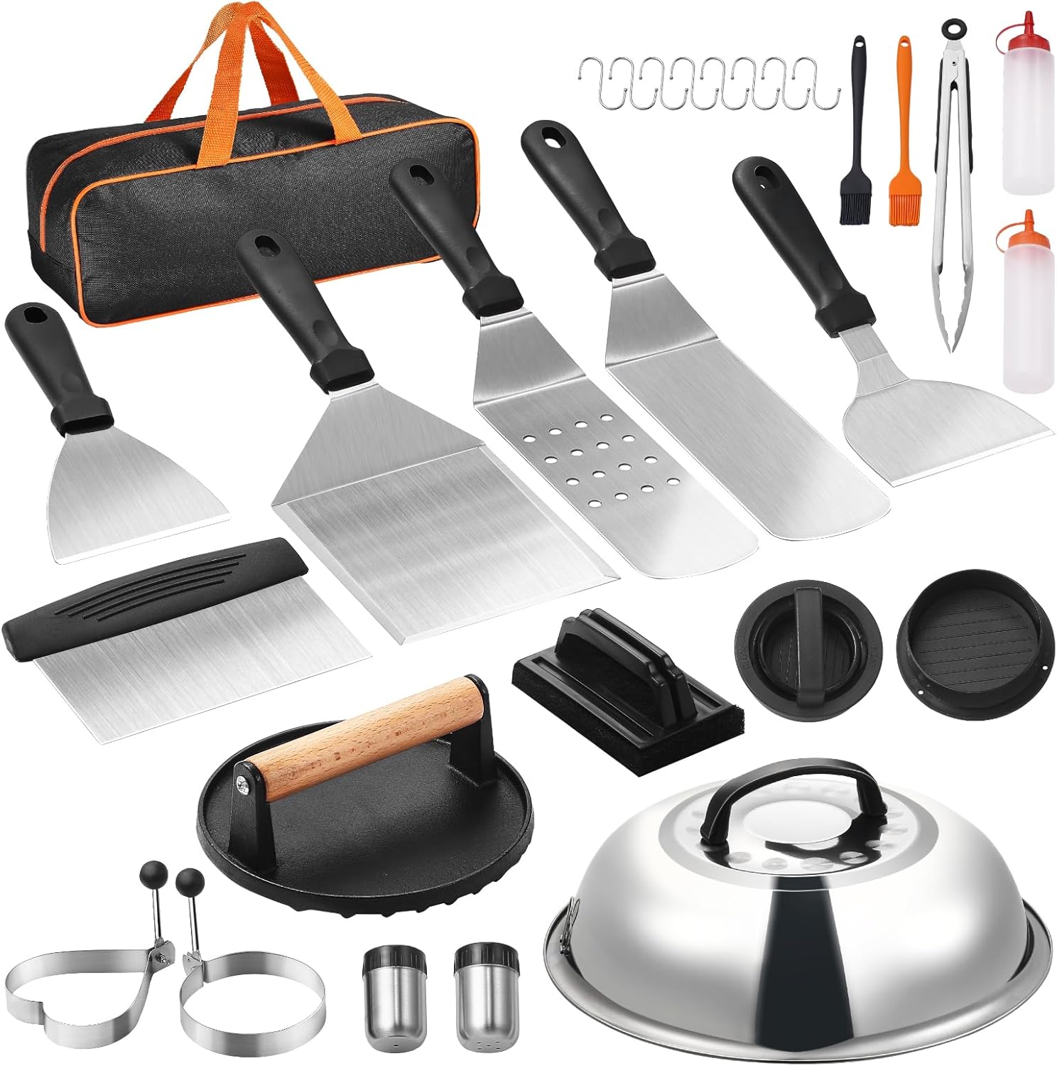 VEVOR 28PCS Griddle Accessories Kit, Flat Top Grill Accessory, Enlarged Spatula Gift Set, Stainless Steel Grilling Tools with Basting Cover, Tong, Burger Press, Carry Bag, for Outdoor BBQ Teppanyaki